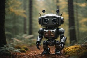 un robot en pie en el bosque foto