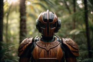 a robot standing in the woods photo