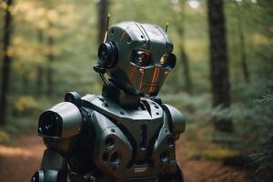 un robot en pie en el bosque foto