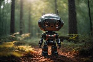 un robot en pie en el bosque foto