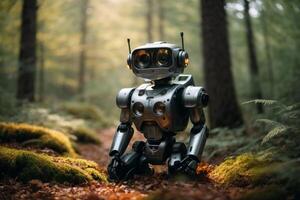 un robot en pie en el medio de un bosque foto