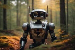 a robot standing in the middle of a forest photo