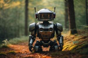 a robot standing in the middle of a forest photo