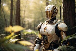 a robot standing in the middle of a forest photo