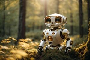 a robot standing in the middle of a forest photo