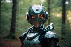 a robot standing in the middle of a forest photo