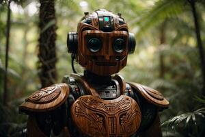 a robot standing in the middle of a forest photo