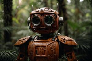 un robot en pie en el medio de un bosque foto