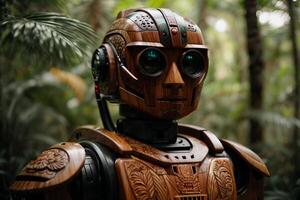 un robot en pie en el medio de un bosque foto