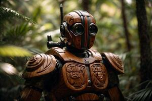 a robot standing in the middle of a forest photo