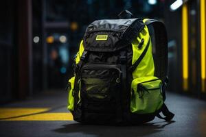 a backpack with a yellow and black color scheme photo