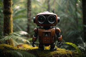 a robot standing in the middle of a forest photo