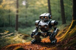 a robot standing in the middle of a forest photo