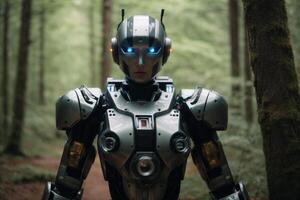 a robot standing in the middle of a forest photo