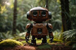 a robot standing in the middle of a forest photo