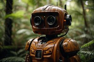 a robot standing in the middle of a forest photo