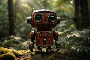 a robot standing in the middle of a forest photo