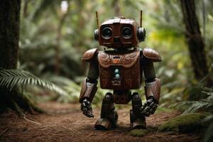 a robot standing in the middle of a forest photo