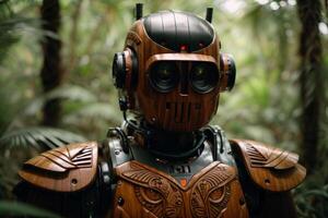 a robot standing in the middle of a forest photo