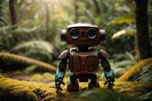 a robot standing in the middle of a forest photo