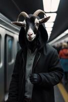 a goat wearing sunglasses and a hoodie on a subway photo