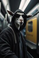 a goat wearing sunglasses and a hoodie on a subway photo