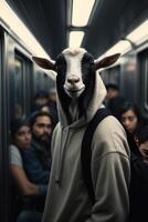 a goat wearing sunglasses and a hoodie on a subway photo