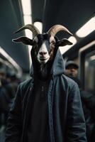 a goat wearing a hoodie on a subway train photo