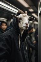 a goat wearing a hoodie on a subway train photo