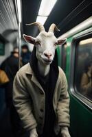 a goat wearing a hoodie on a subway train photo