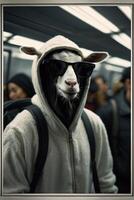 a goat wearing sunglasses and a hoodie on a subway photo