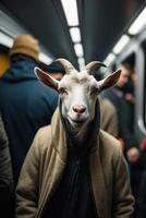 a goat wearing a hoodie on a subway train photo