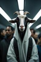 a goat wearing a hoodie on a subway train photo