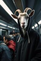 a goat wearing a hoodie on a subway train photo