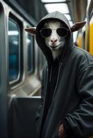 a goat wearing sunglasses and a hoodie on a subway photo