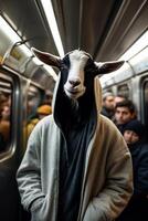 a goat wearing a hoodie on a subway train photo