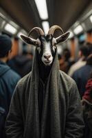 a goat wearing a hoodie on a subway train photo