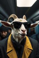 a goat wearing sunglasses and a hoodie on a subway photo