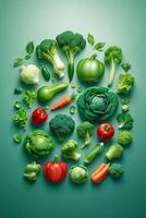 a green circle with vegetables and fruits on it photo