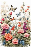 un pintura de flores y mariposas en un blanco antecedentes foto