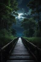 wooden path leading to the moon in the forest photo