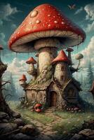 a mushroom house with two mushrooms on top photo