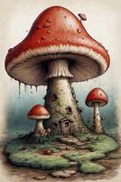 a mushroom house with two mushrooms on top photo