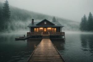 un pequeño cabina se sienta en el borde de un lago foto