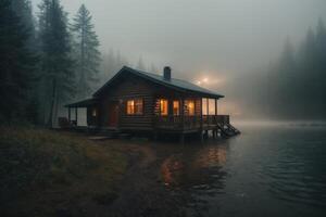 a small cabin sits on the edge of a lake photo