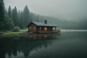 a small cabin sits on the edge of a lake photo