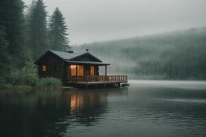 a small cabin sits on the edge of a lake photo