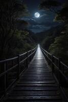 a bridge over a dark forest with a full moon photo