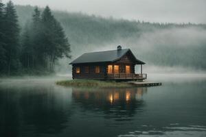 a small cabin sits on the edge of a lake photo