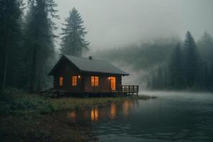 a small cabin sits on the edge of a lake photo